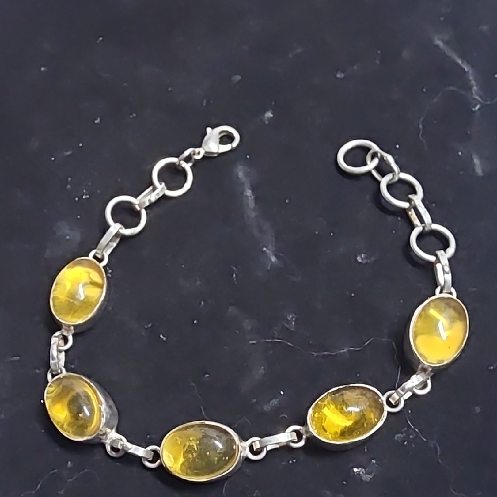 Yellow Cabochon Link Bracelet for Women - Silver-Tone Setting